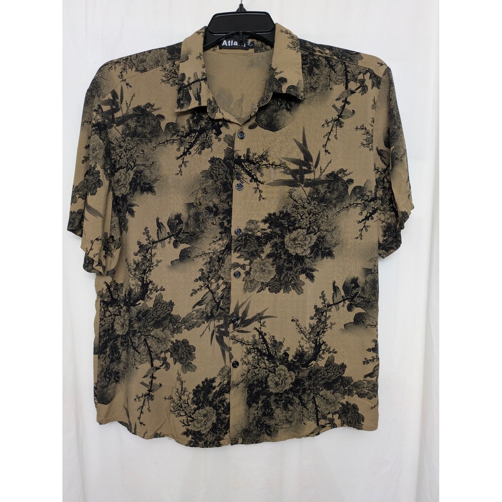 Atlani Mens Large Tan Black Floral Rayon Short Sleeve Button Down Shirt